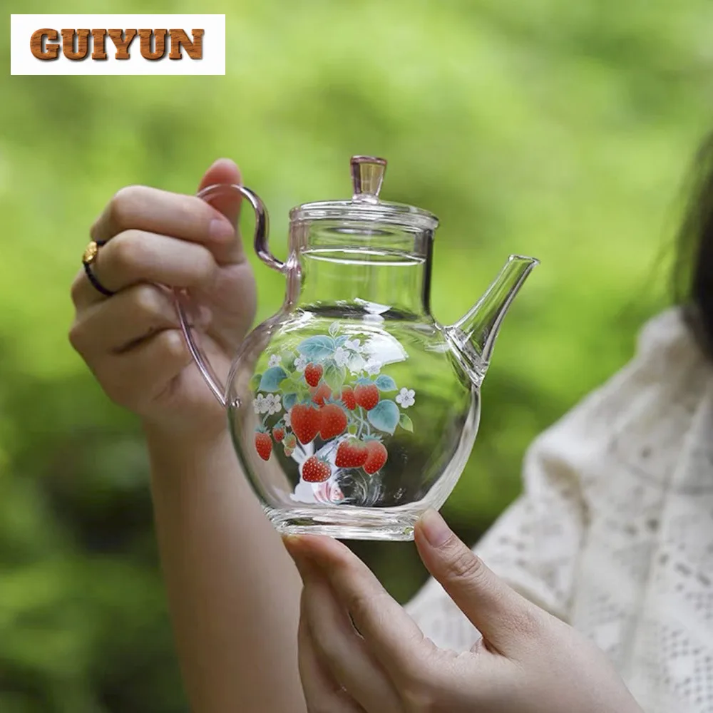 380ml Handmade Heat Resistant Glasstea Pot Creative Decal Strawberry Hand-held Decal Small Green Flower Tea Brewing Kettle Gift