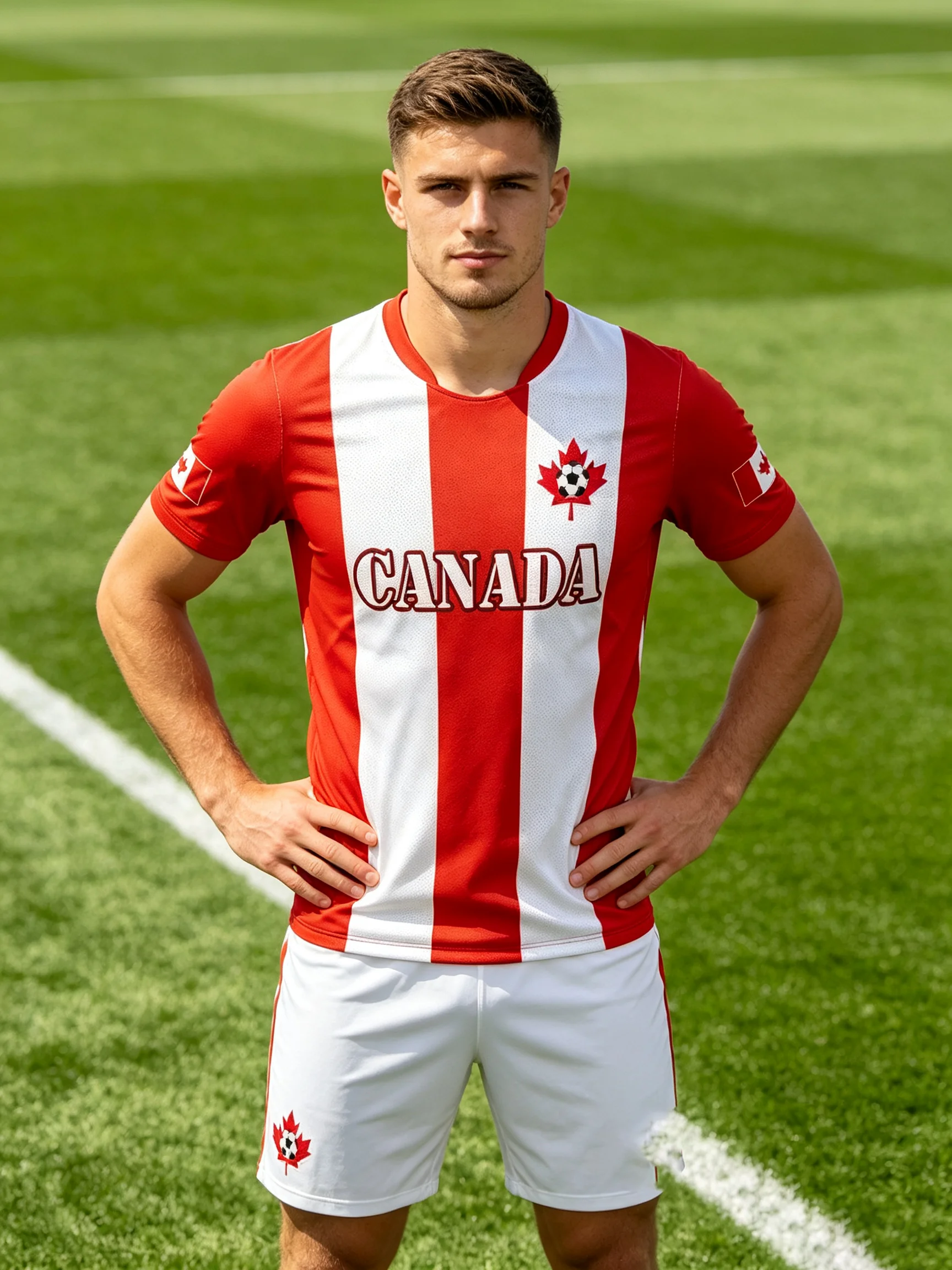 Canada men's soccer jersey, classic red‑white stripes, maple leaf print, quick‑dry, moisture‑wicking, multiple collar styles