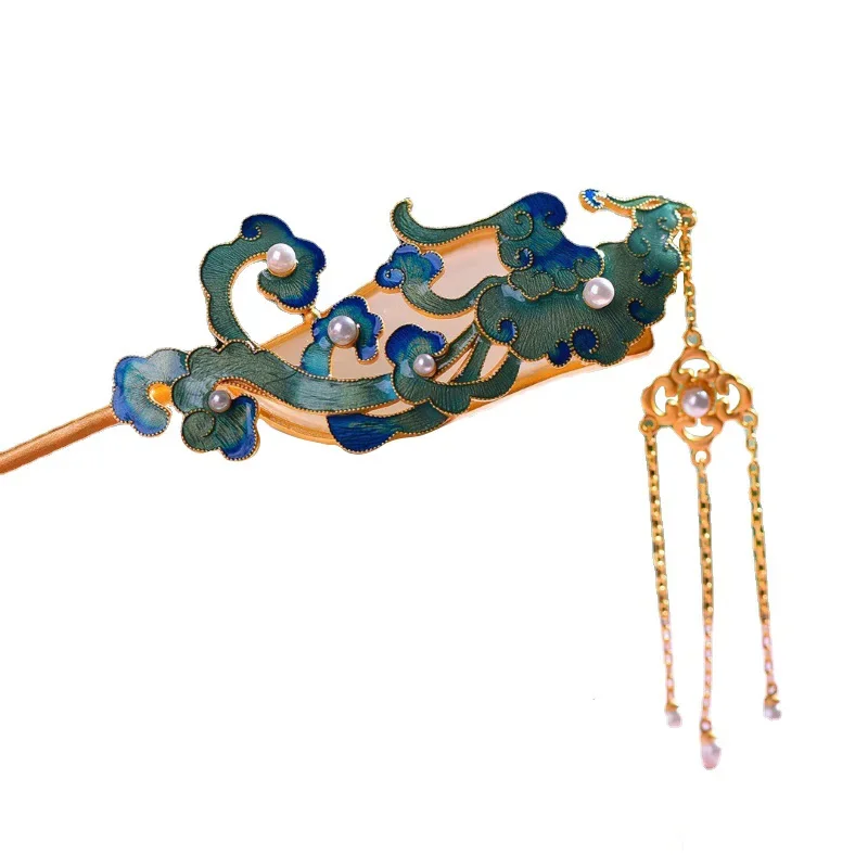 Ancient gold craft natural Hotan Jade hair jewelry for women Enamel auspicious cloud pearl tiara Court style hanfu accessories