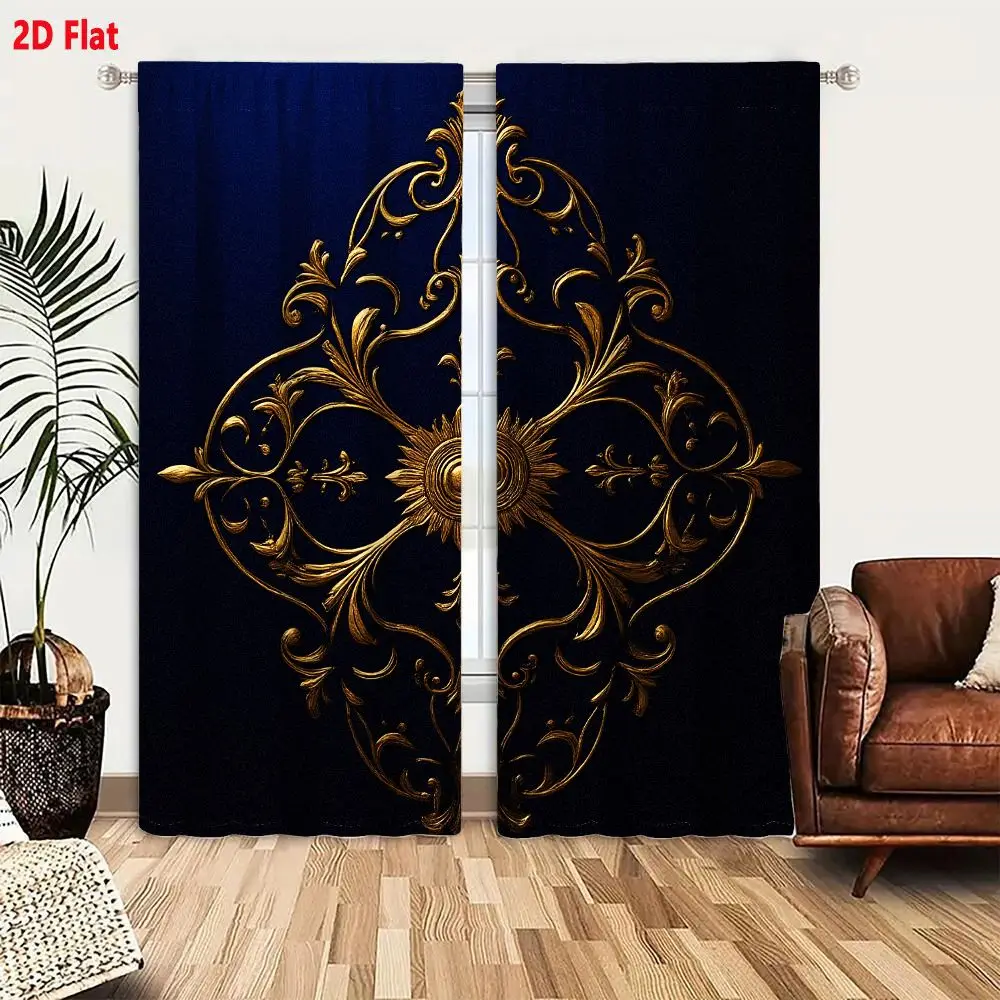 2Pcs Curtains Add 2D Flat Ornate Golden Baroque Symmetrical Emblem With Sunflower Center And Acanthus Leaves On Navy Blue Backgr