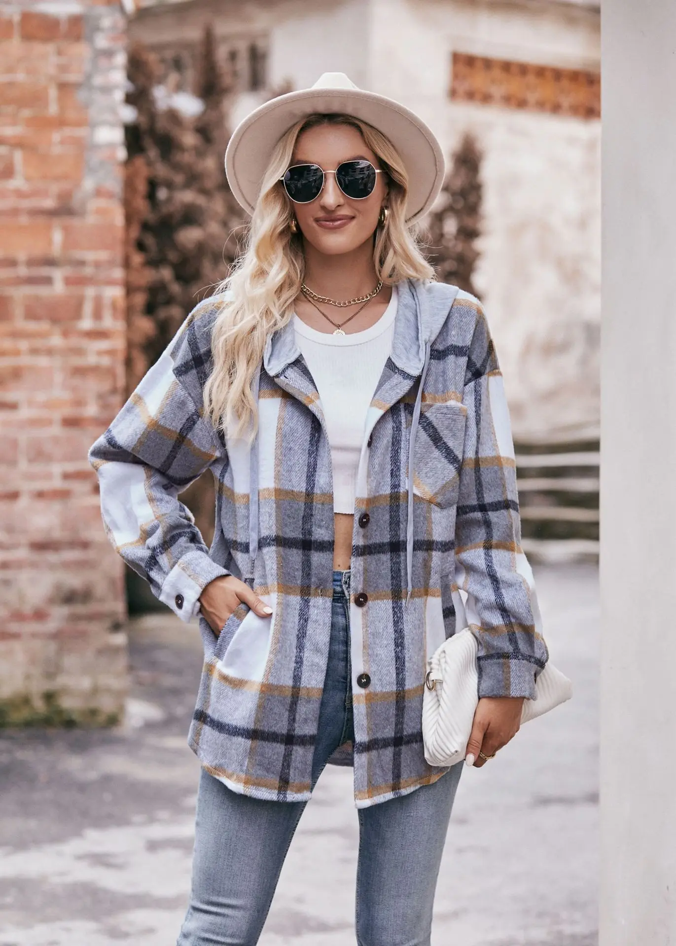 

2023 Autumn and Winter New Women's Fashion Commuter Hoodie Casual Loose Comfortable Versatile Mid Length Checked Shirt