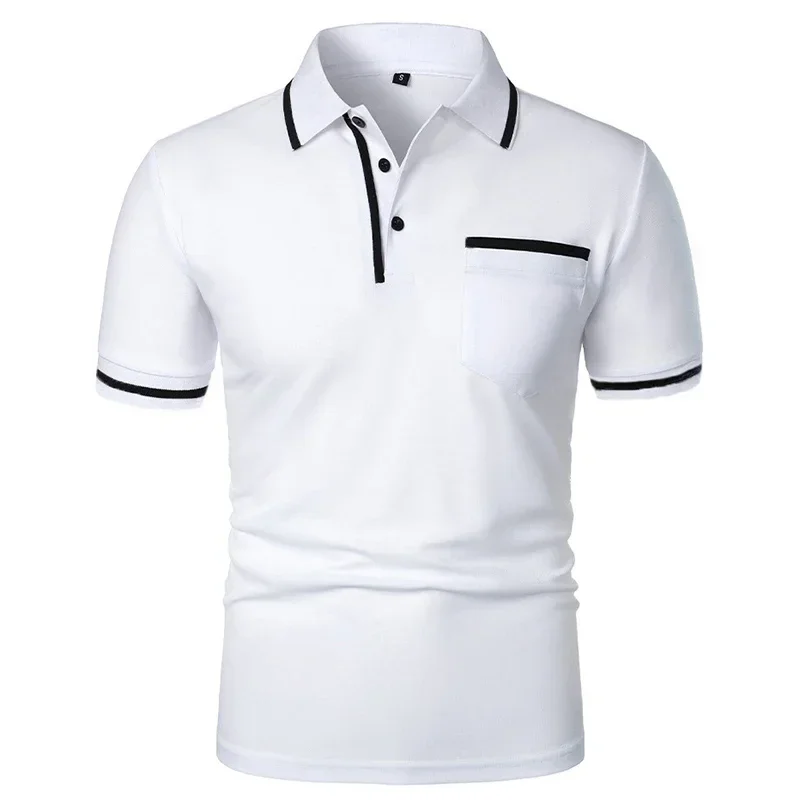 Summer Men's Short Sleeve Breathable T Shirts Solid Color Lightweight Polo Shirt Trendy Loose Basic Splice Top with Pockets
