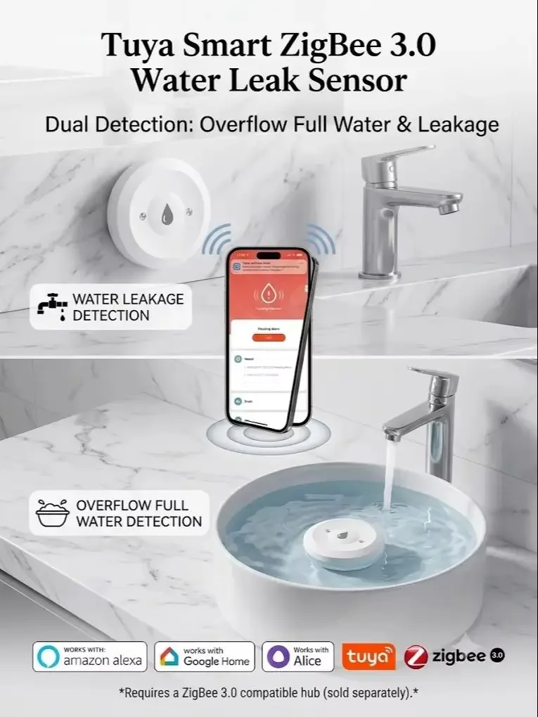 ZigBee Wasserleck-Detektor, Verknüpfter Hochwassersensor, Überlauf-Alarm, Wasserdichter Smart-Home-Sicherheitssensor