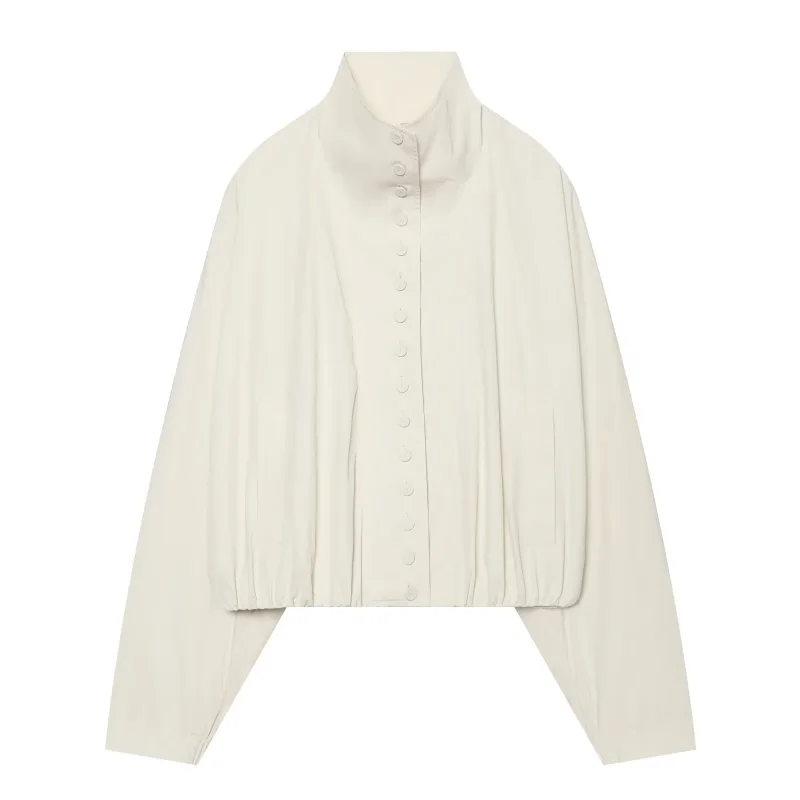 Women Beige Stand Collar Button Front Jacket Elastic Hem Long Sleeve Loose Casual Outerwear With Pockets