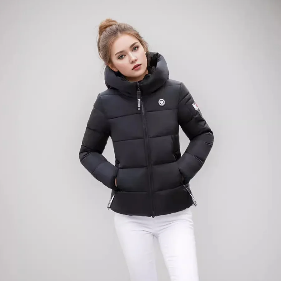 KIDCRKJ 2025 Winter Women's Short Cotton Jacket Female Zipper Casual Hooded Parkas Coats Womem Slimming Jacket Lady Outerwear