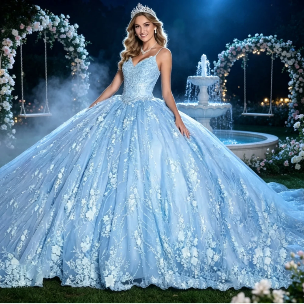 Customized Temperament Graceful Exquisite V Neck Quinceanera Dresses Spaghetti Straps Applique Fashion Charming Ball Gown
