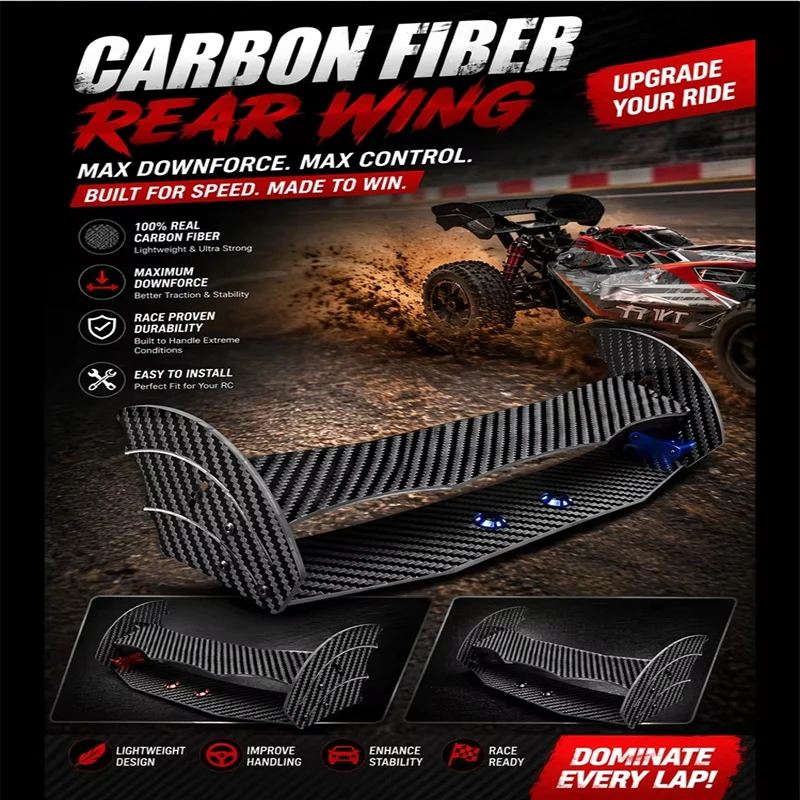 Carbon Fiber Adjustable Flat Top Rear Wing Spoiler Aluminum Mount for 1/8 ARRMA TYPHON RC Buggy Upgrade Kit