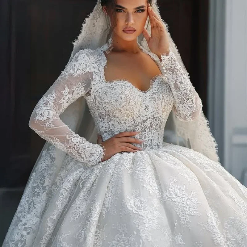 CustomizedRoyal Ball Gown Wedding Dresses Long Sleeves Wedding Dresses Lace Long tail decal Made Robe DeVestido De Noiva