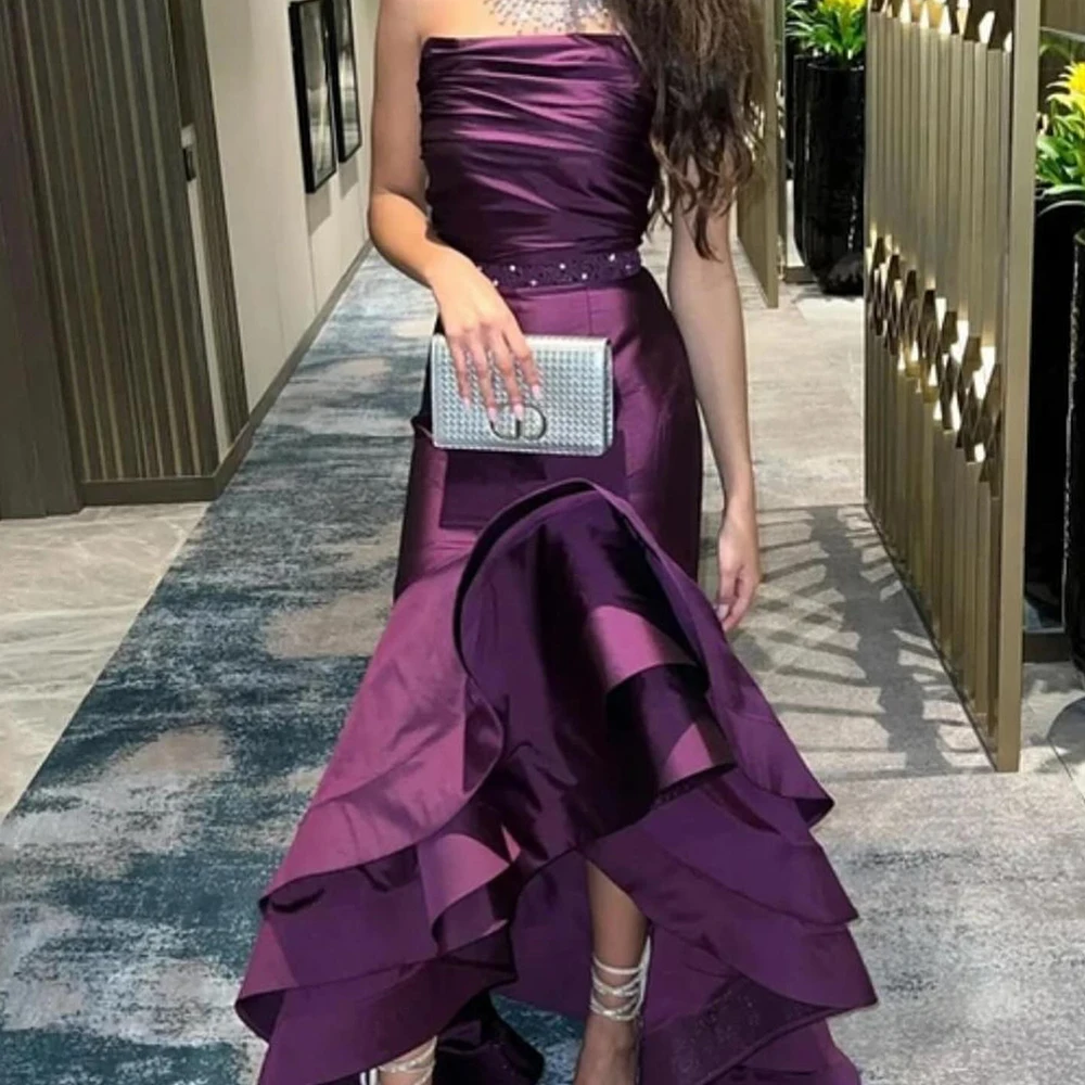 

Customized Modern Pleats Ruffles Tiered Crystal Strapless Evening Dresses Graceful Mermaid Satin Purple Party Gowns فساتين سهرة