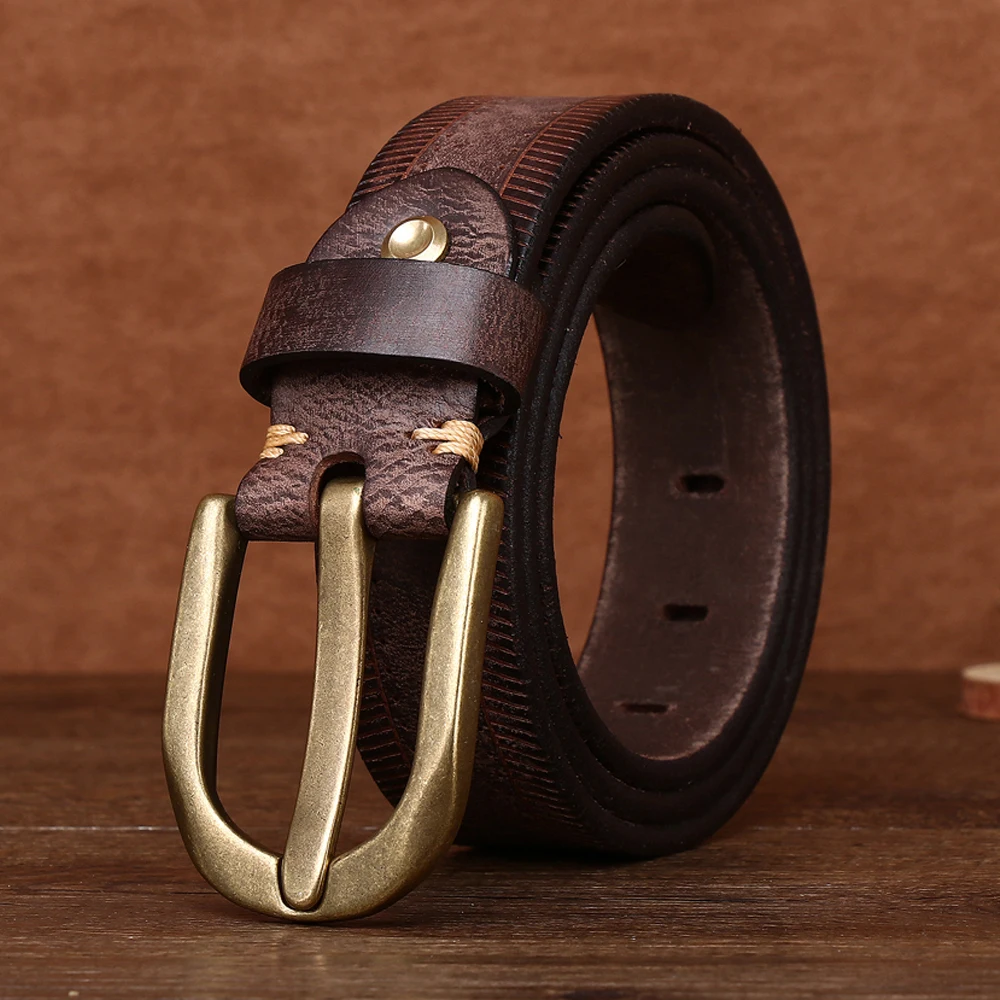 3.8cm width Men's hand polished casual vintage vegetable tanned leather top layer cowhide thickened belt with personality