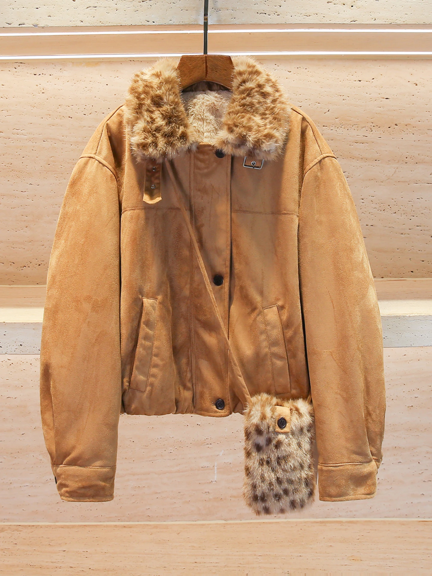 

High-End Women's Suede Jaet with Fur Collar Leopard Print ort Outerwear American Sle Commute Wind Resistant Straight Cut