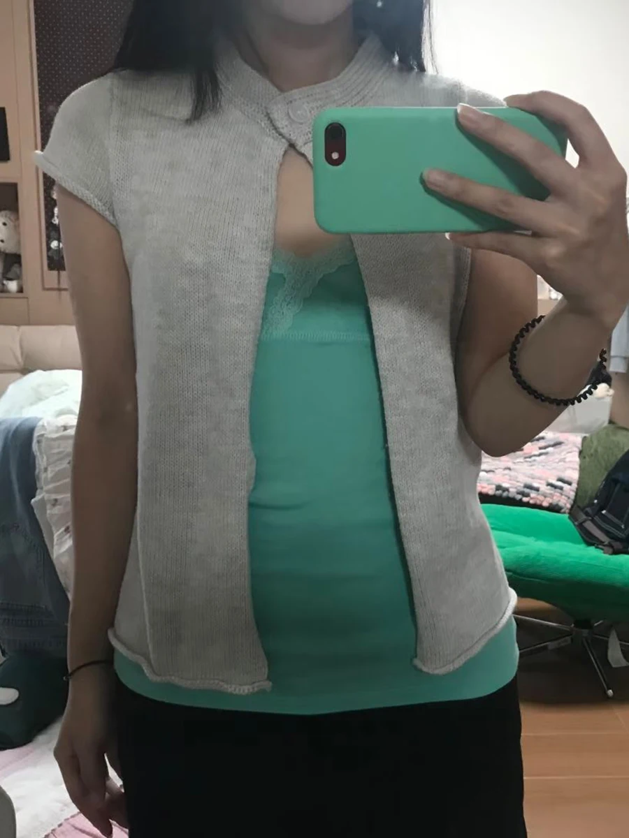 Solid Knitted Cropped Cardigan Woman Autumn Raw Hem Short Sleeve Single Button Cotton Crop Tops Casual All-match Knitwear Top