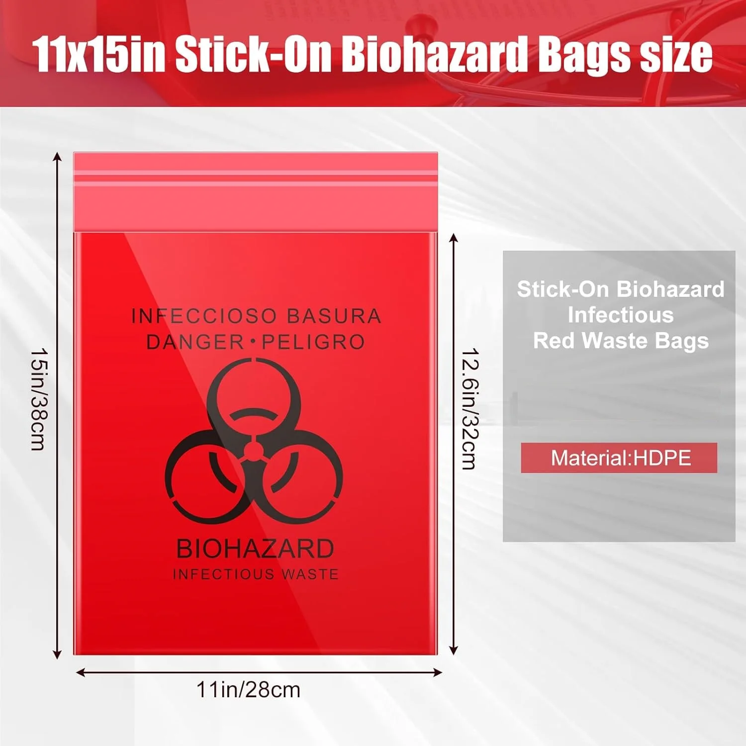 1000Pcs Red Biohazard Bags 38X28CM Small Waste Trash Bags with Strong Adhesive Strip for Halloween Blood Vomit Hospitals Tattoo
