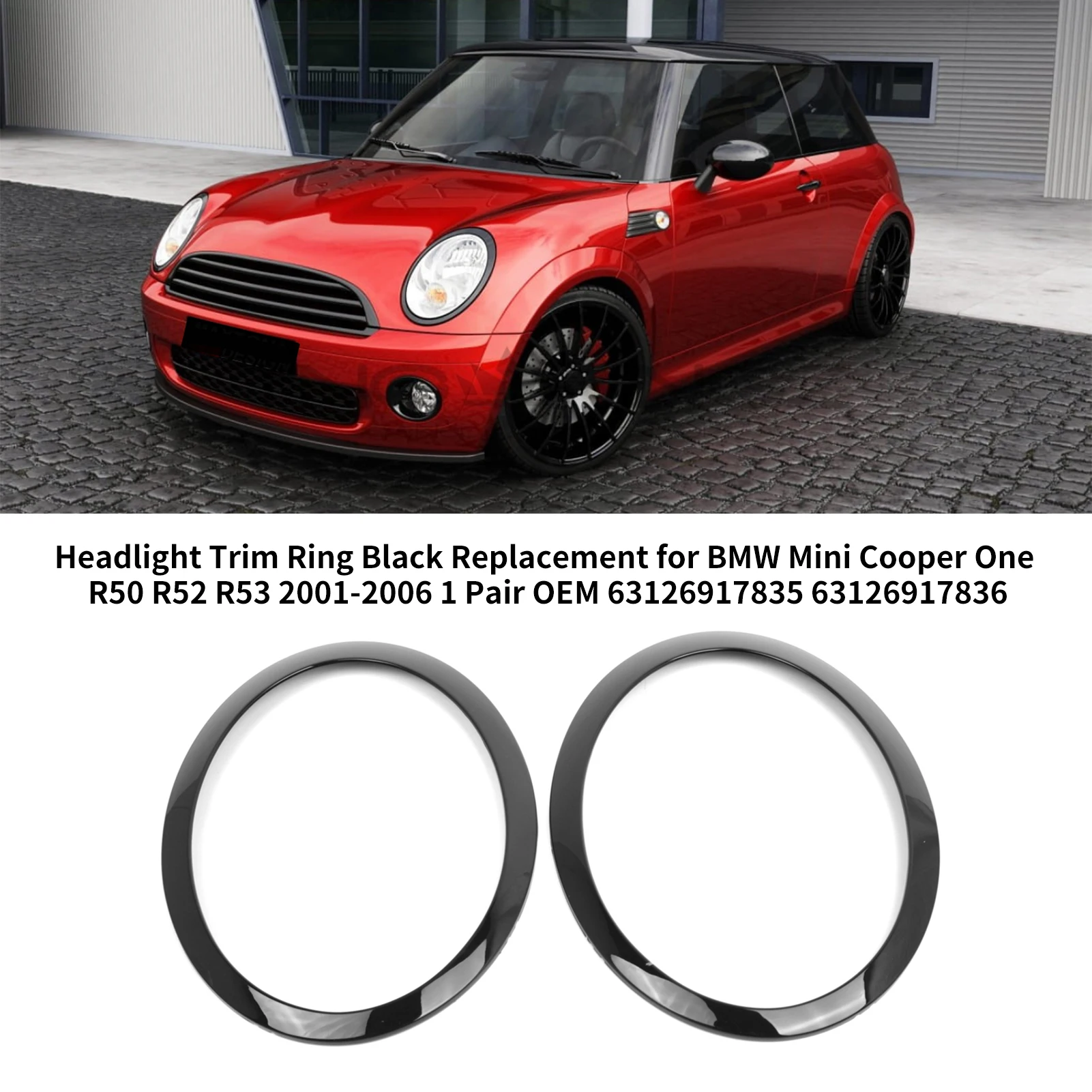 Headlight Trim Ring Black Replacement for BMW Mini Cooper One R50 R52 R53 2001-2006 1 Pair OEM 63126917835 63126917836