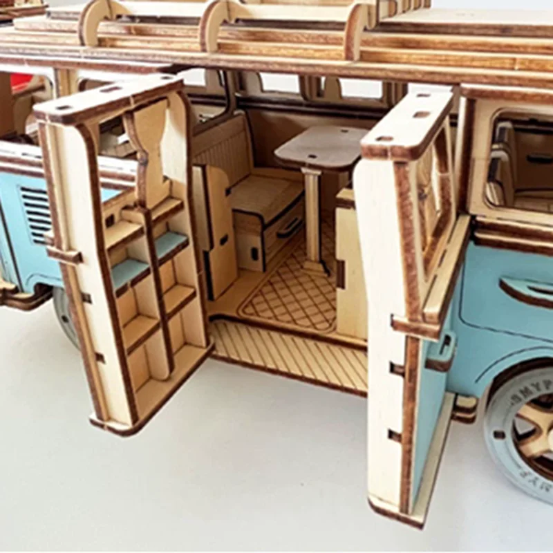 Retro Bus European-style Campervan 3D Wooden Car Puzzle Toys DIY Handmade Recreation Vehicle Puzzle House Model Toy For Children