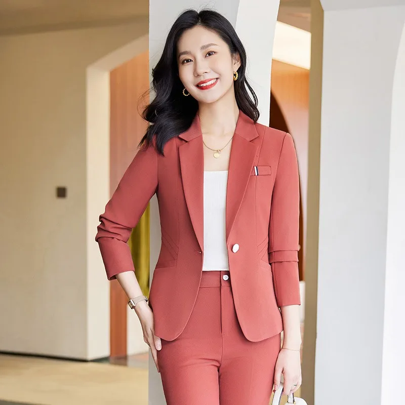 Insozkdg Vibrant Orange Women Suit One Button Spring Women's Blazer Slim Fit Pantsuit for Formal Occasion Two Piece Set Outfits