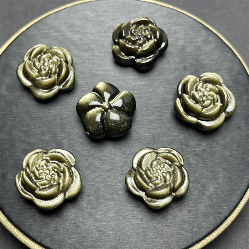 

5PCS Natural Golden Obsidian Penoy Flower Pendant Healing Gemstone Carved Figurine Fashion Jewelry For Women Gift 23MM