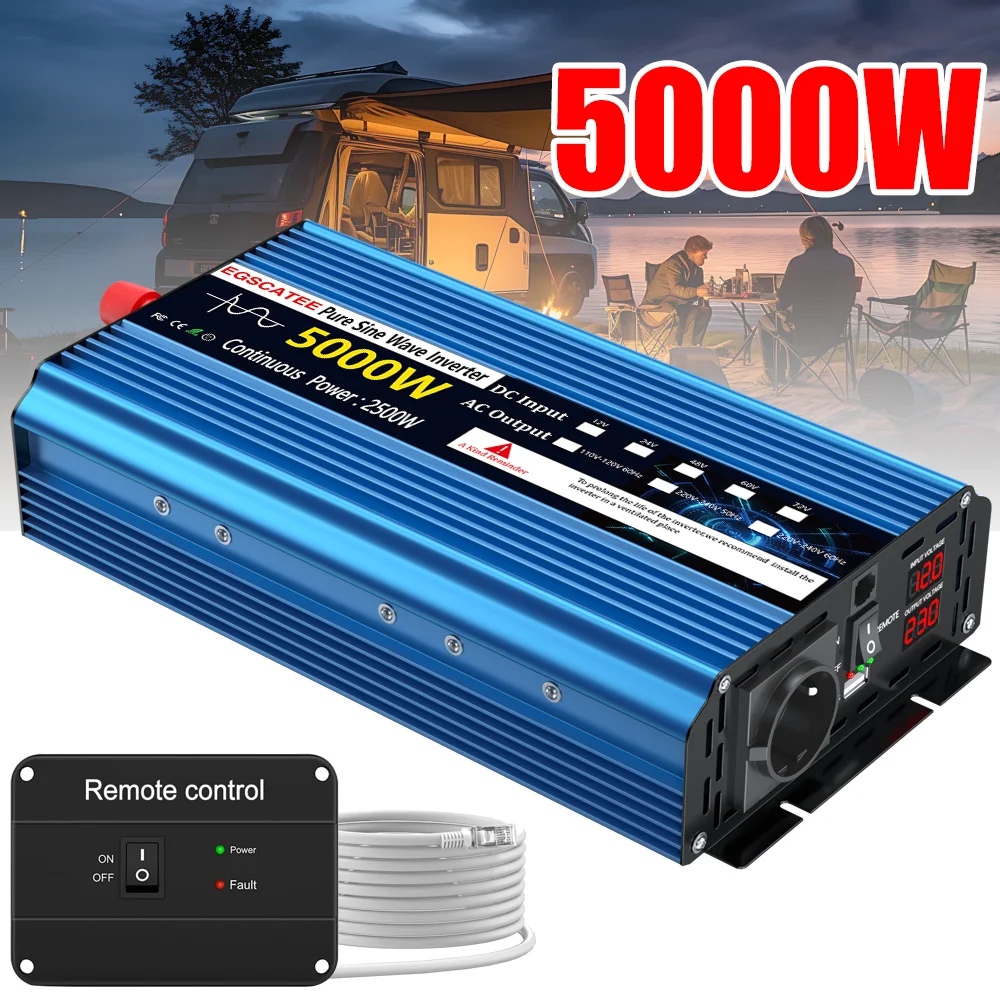 Reiner Sinus-Wechsel richter Gleichstrom 12V bis Wechselstrom 230V 50Hz EU-USB-Buchse 5000W LED-Auto