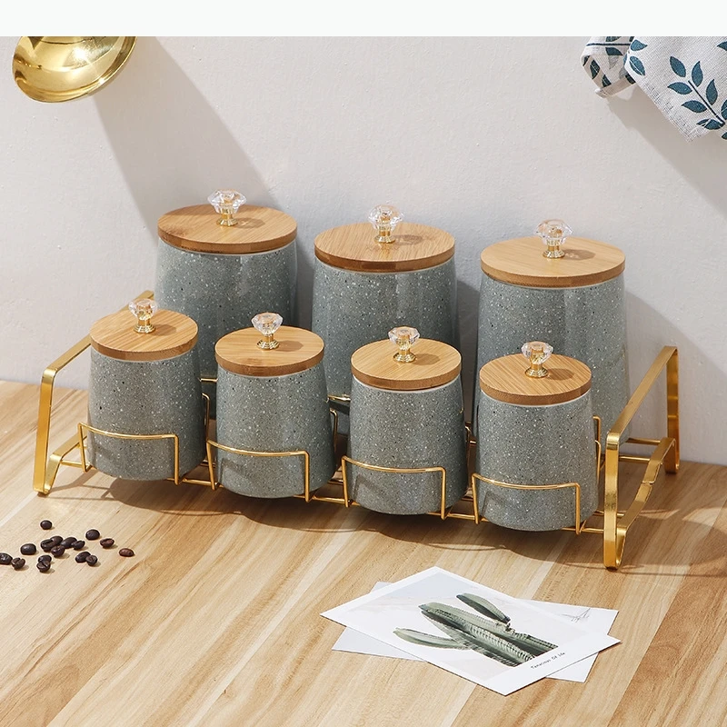 Handle Wooden Ceramic Airtight Jar Kitchenware Food Container Storage Whole Grains Storage Box Home Organizer