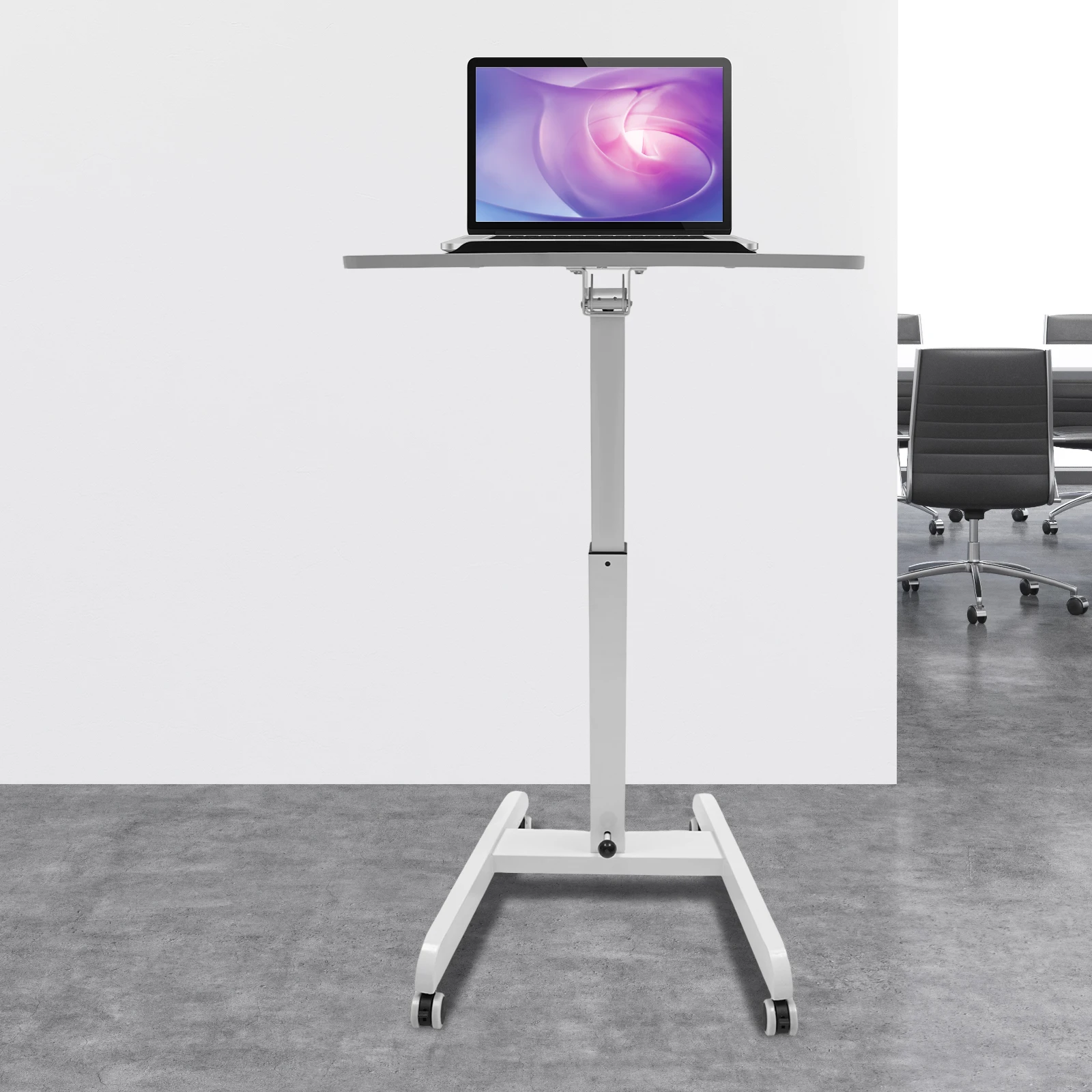 Mobile Standing Desk Adjustable Height Pneumatic Sit Stand Workstation Laptop Table Cart on Wheels Tilt Top Portable Computer Desk for Office Home Study