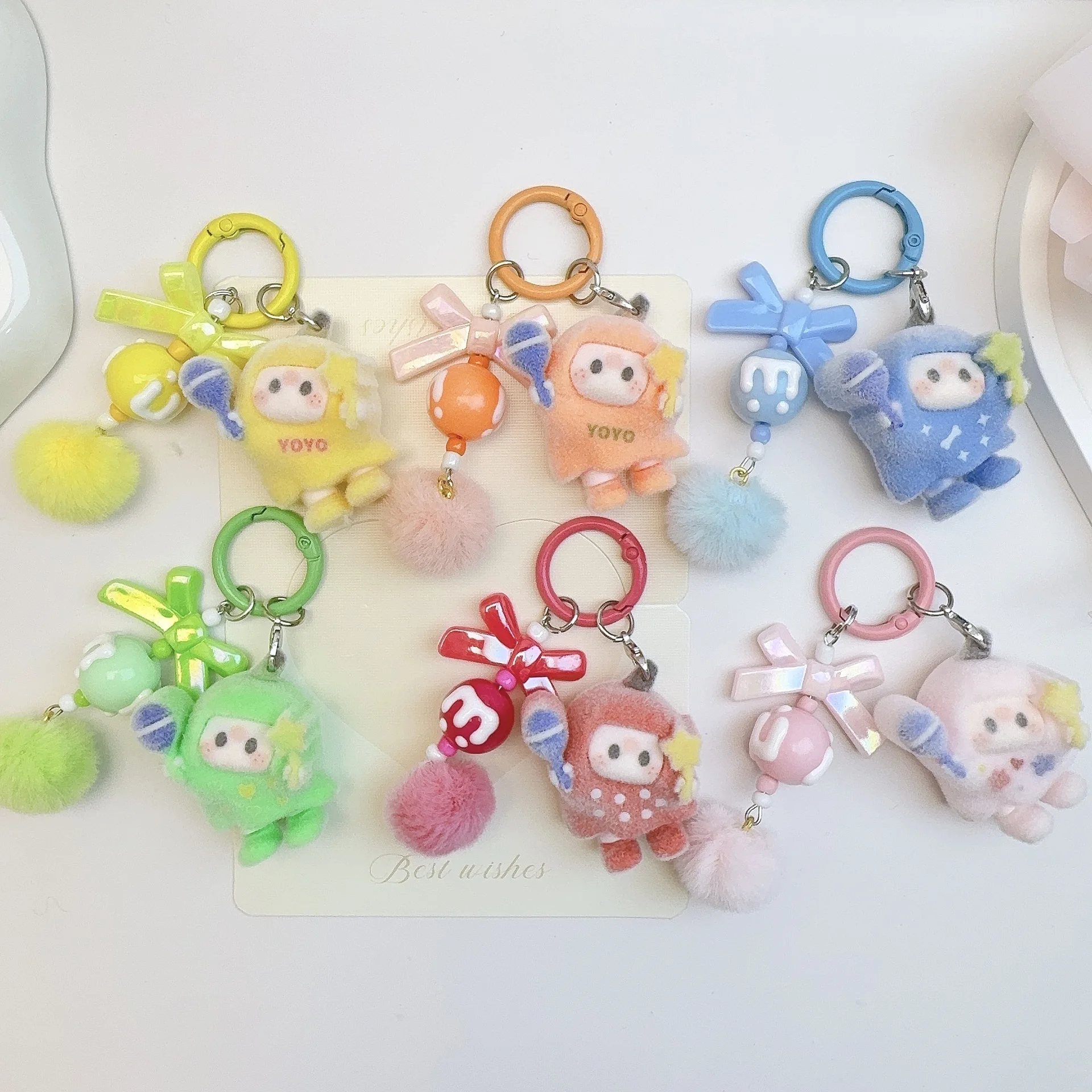 

New Baby Three Keychain Cute Cartoon Creativity Schoolbag Pendant New Fashion Exquisite Flocking Toy Pendant Gift