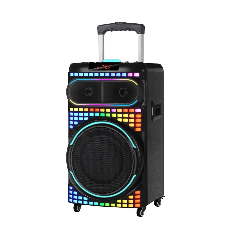 

NDR-1260 Dual 15inch DJ Karaoke Speaker Wireless Wooden Mic FM Radio Subwoofer 100W Home Theatre Mobile Phone AC Boxed Trolley