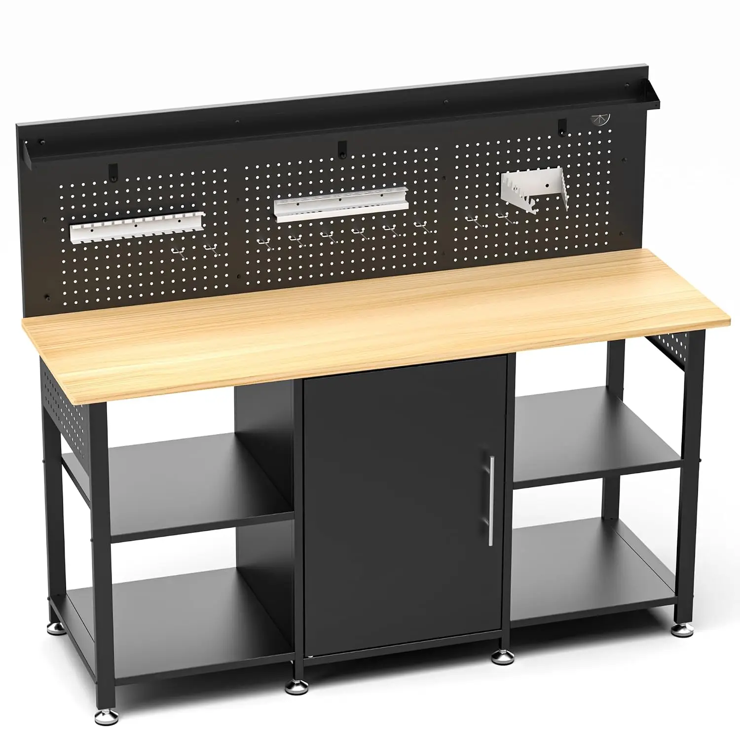 60" Workbench with Pegboard & Cabinet 2000 LBS Capacity Heavy Duty Wood Table Power Outlet Storage for Workshop, Customized