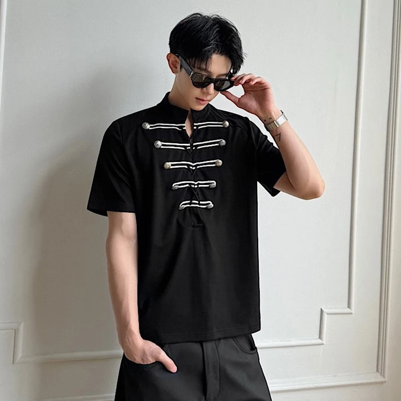 WTHT Fashion Men's Striped Print Bandage Spliced Metal Design T-shirts Trendy 2026 Summer Stand Collar Loose Tops Male 2A3093