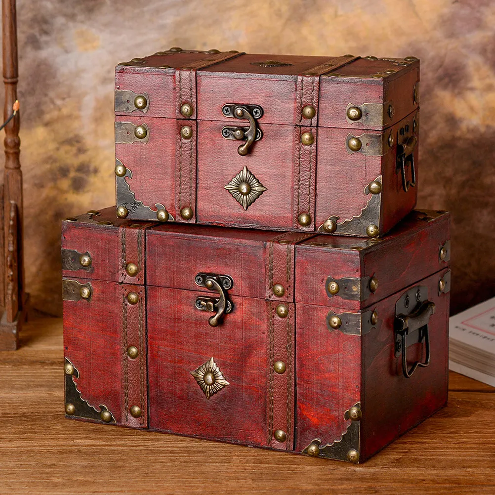 Retro Wooden Treasure Chest Handcrafted with Carved Patterns Round Rivet Strips Storage Box for Jewelry Rings Earrings