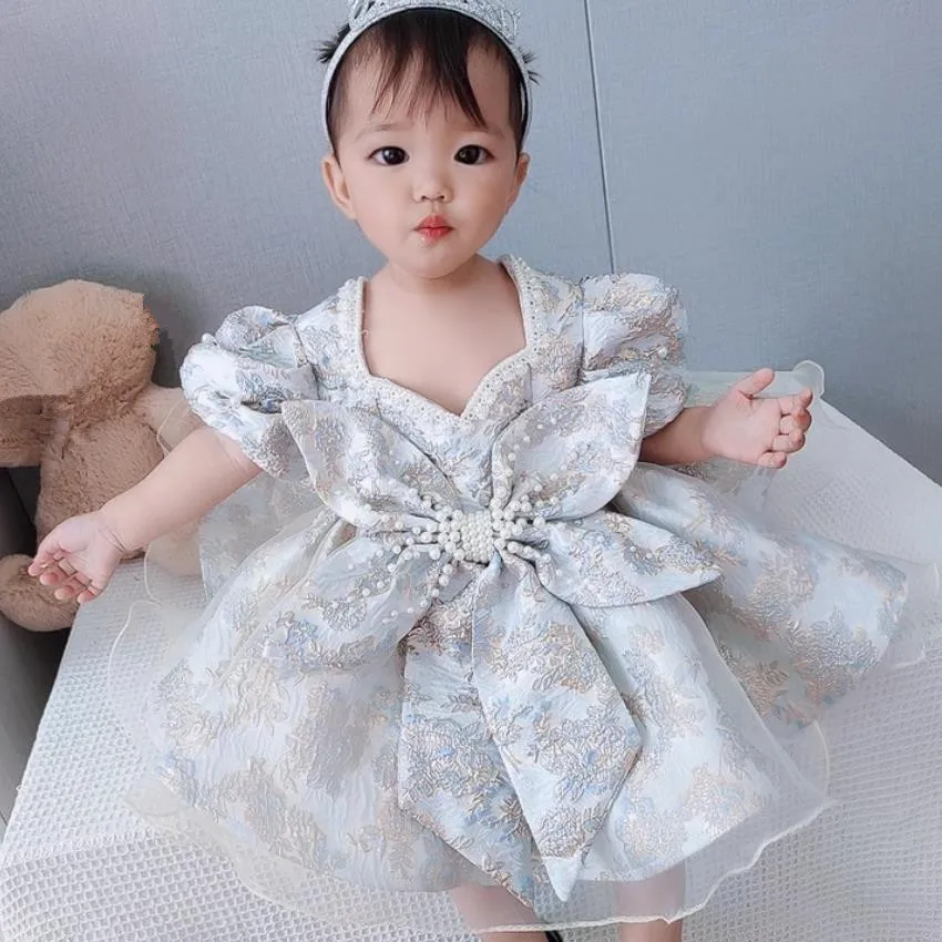 Girls Spanish Floral Pearls Ball Gown Baby Lolita Princess Dresses Infant Birthday Christening Dress Girl Boutique Clothes A1354