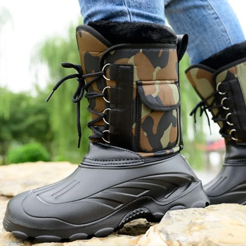 

Camouflage Men's Boots Winter Plush Warm Snow Boots Outdoor Waterproof Fishing Boots Non Slip Work Boot Mid-Calf Motorcycle Boot