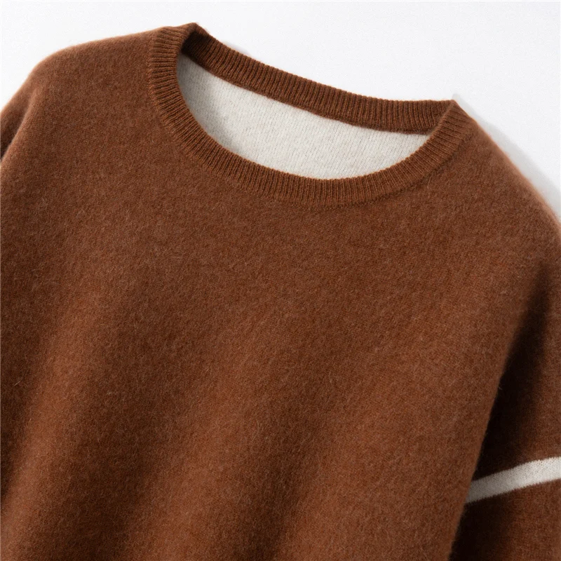 เสื้อสเวตเตอร์แคชเมียร์แท้ 100% สำหรับผู้หญิง คอกลม แขนยาว สไตล์สั้น สีบล็อค สำหรับฤดูใบไม้ร่วงและฤดูหนาว เสื้อถักแคชเมียร์ยอดนิยม