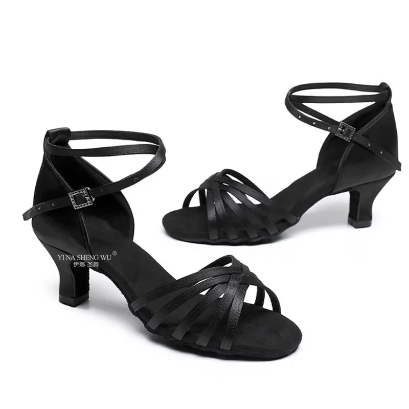 여자 라틴 댄스 신발 전문 볼룸 모던 탱고 살사 댄스 공연 신발 블랙 스웨이드 솔 5cm 미드 힐 신발
