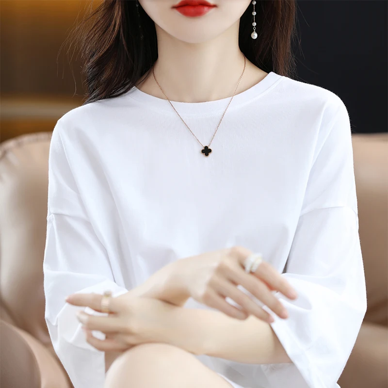 

Белая свободная хлопковая футболка с круглым вырезом и коротким рукавом для женщин больших размеров, повседневная, удобная, дышащая, цветная.