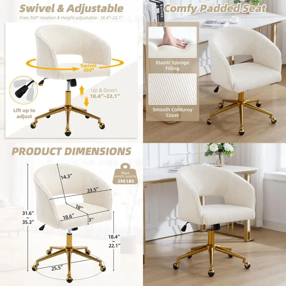 

Вращающееся офисное кресло с обивкой и колесиками, золотистая основа, регулируемая спинка, для дома и гостиной, бежевое