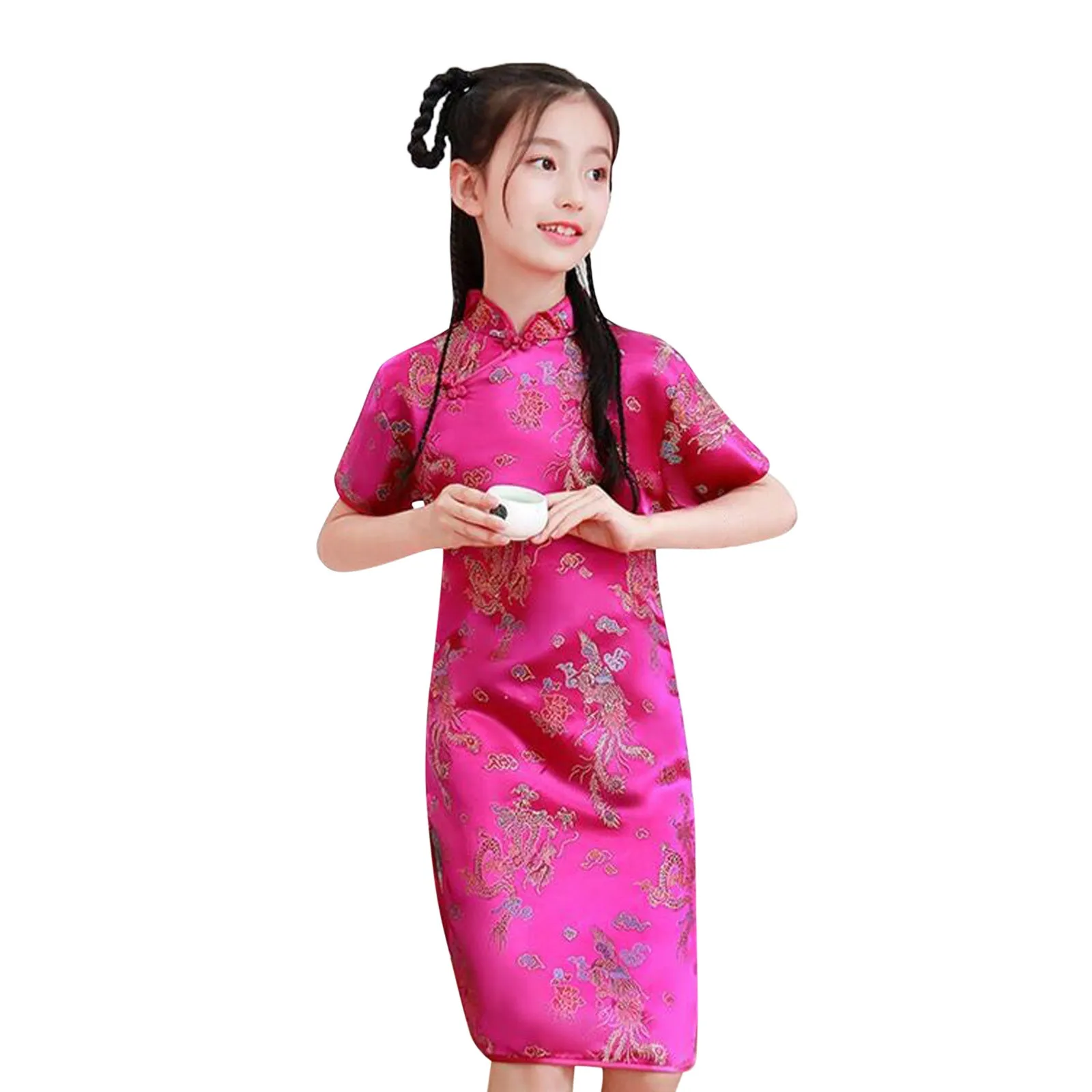 Chinese Traditional Dress Summer Short Sleeve Girl Vintage Mandarin Collar Cheongsam Vestidos New Year Gift Dragon Qipao Blue