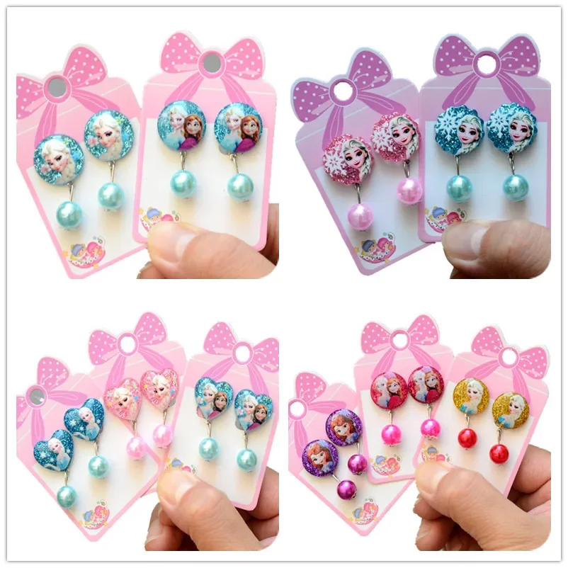 New Disney Frozen Ears Clips Cute Cartoon Earrings for Kid No Pierced Ear Princess Elsa Pearl Pendant Love Ear Clip Jewelry Gift