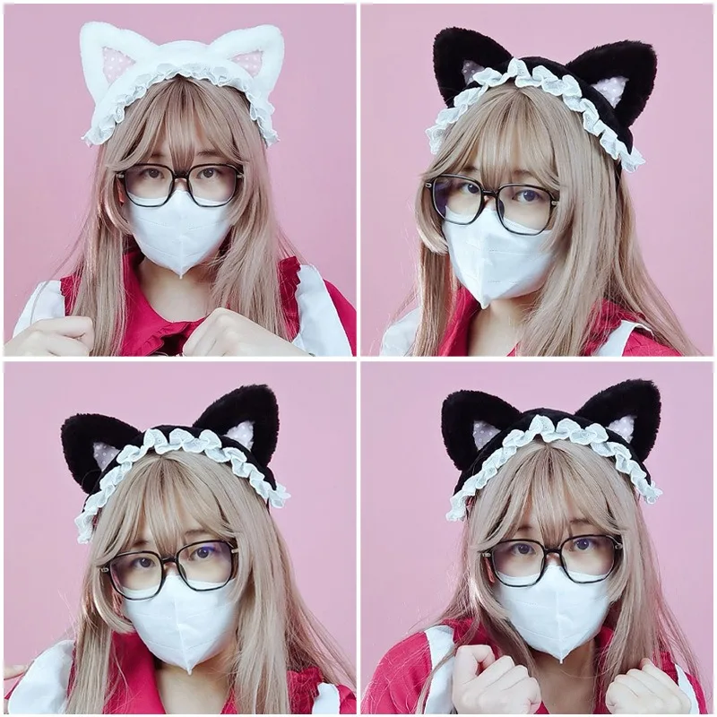 1PC Kawaii Cat Ears Headband Lace Bow Head Wrap Lolita Wedding Party Cosplay Maid Headdress Women Girls Anime Hair Accessories