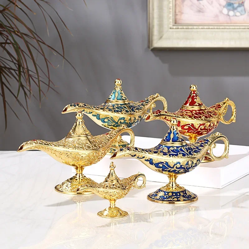 Aladdin God Lamp Vintage Legend Magic Genie Decorative Mini Statue Retro Wishing Light Home Metal Tabletop Decor Crafts Gift