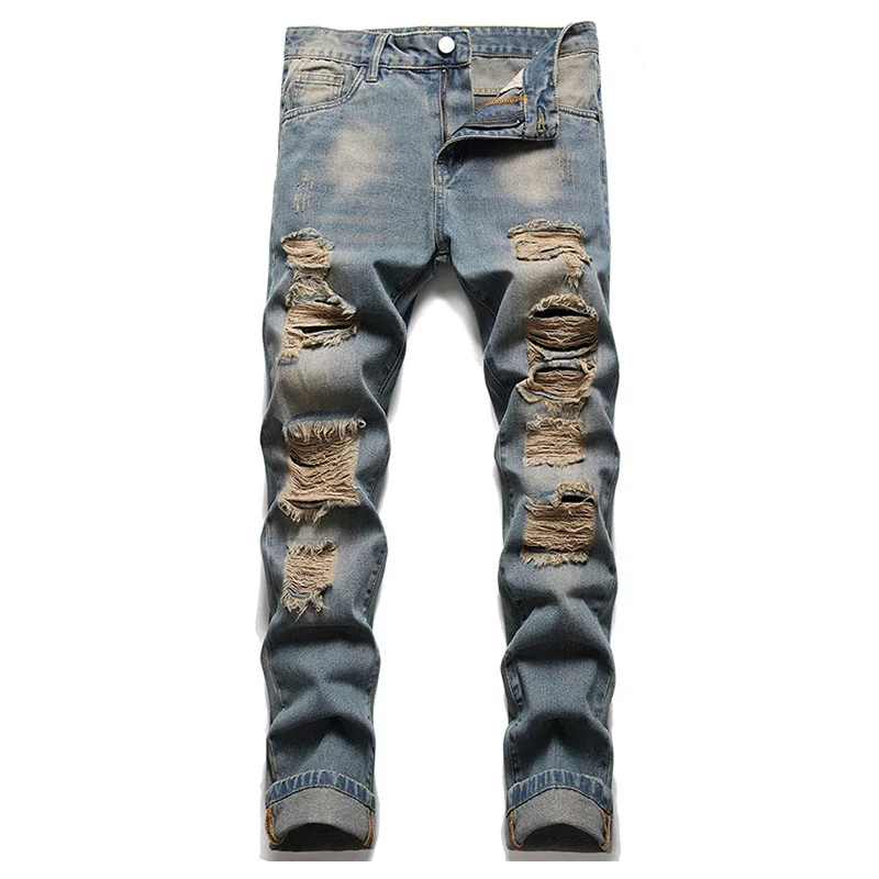 

Mcikkny Men Ripped Pleated Jeans Pants Washed Slim Straight Denim Trousers For Male Size 28-40