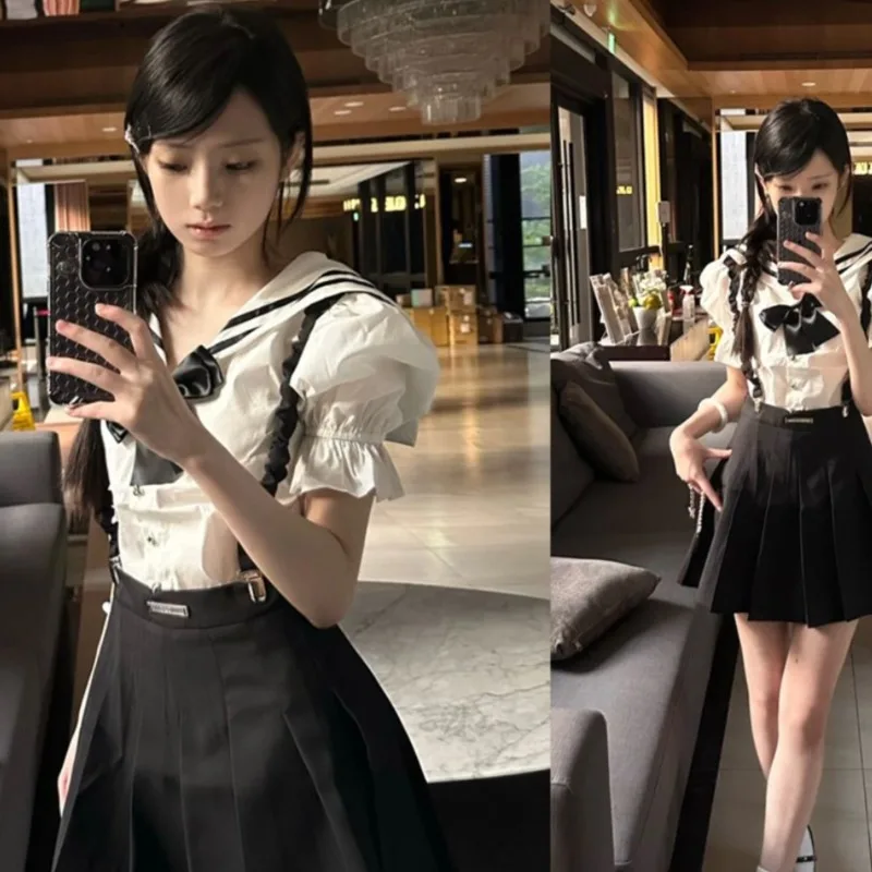 Sweet Academy Navy Collar Shirt Backband Pleated Skirt Two Piece Set Women Korean Sweet Bow Slim Summer French Female Spicy Suit