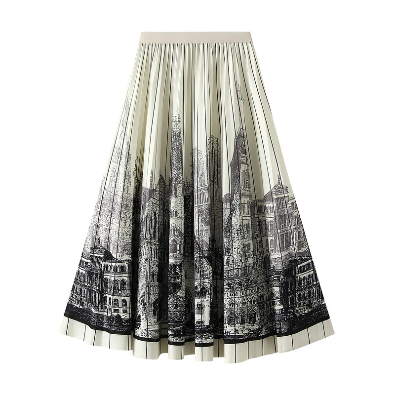 

Striped printed midi skirt for women in spring 2025, new large skirt, pleated skirt, mid to long A-line skirt, fluffy skirt