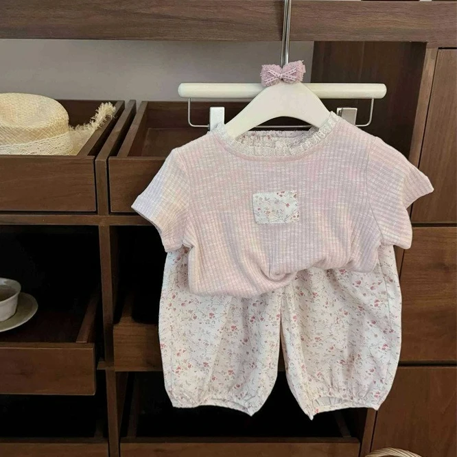 2026 Baby Girls' Clothing Sets Countryside Sweet Floral Pink Soft T-shirt Lantern Pants Sweet Two-piece Kids Set