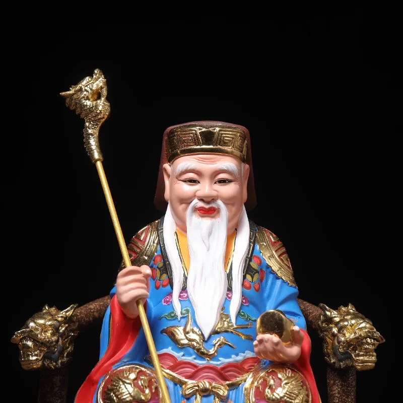 Hinoki Wood Carved Tudi Gong Earth God Statue - Hand-painted & Gilded Taoist Deity, Fortune God Decor