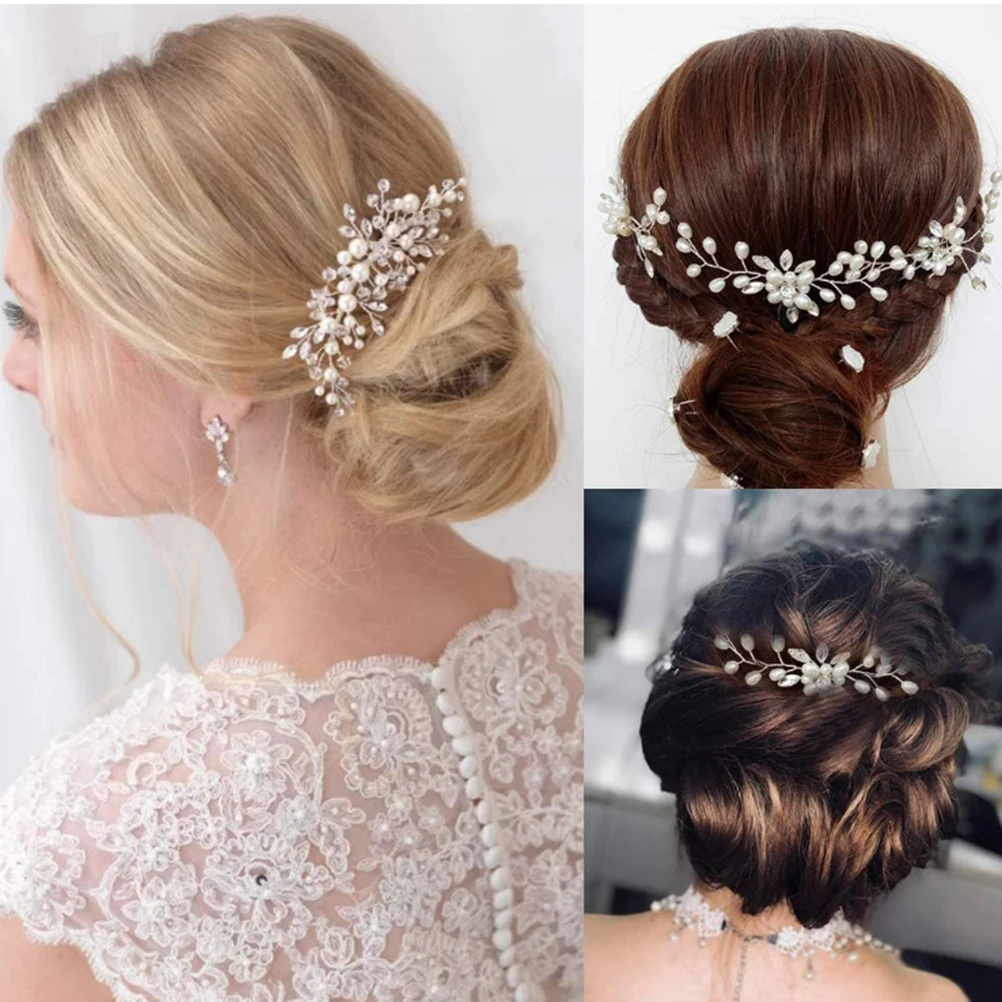 

3 pcs Pearl Hair Comb Bridal Tiara Crystal Bead Hairpins Elegant Accessories for Bride Bridesmaid Wedding Party
