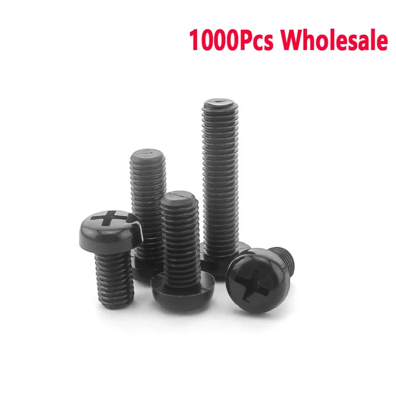 1000pcs/lot  Black Pan Round head cross nylon screw M2 M2.5 M3 M4 M5 *4 5 6 8 10 12 15 20 22 25 30mm DIN7985 wholesale