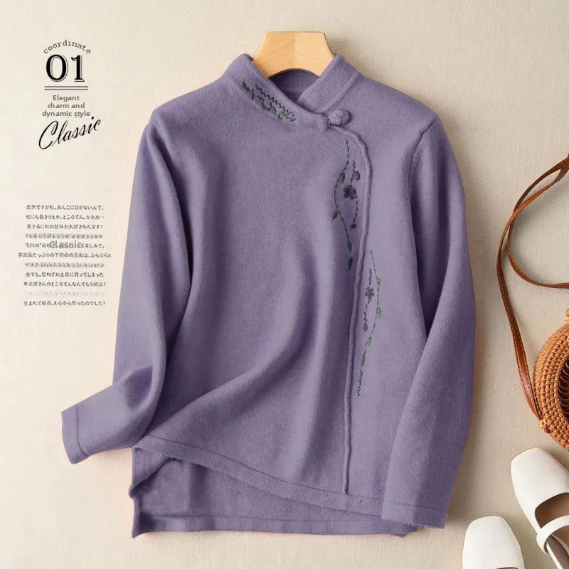 Double-Sided M4XL Fleece-Lined Embroidered Knit Shirt New Chinese Style Mid-Aged And Elderly Women's Base Layer Top