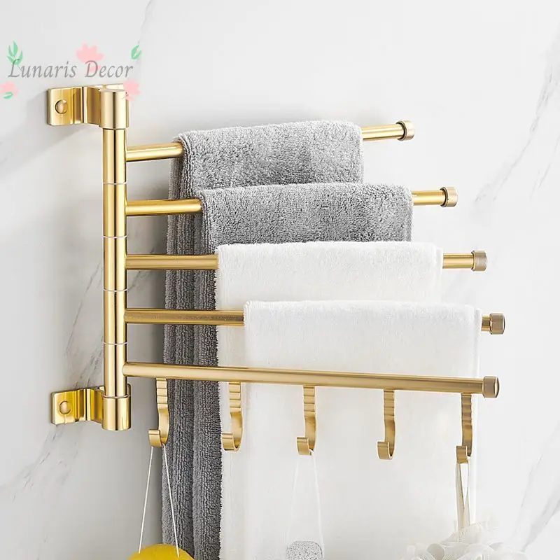 Golden Towel Rack Rotating Multi-Rod with Hook Toilet Active Towel Rod Bathroom Shelf Hanger No Punching