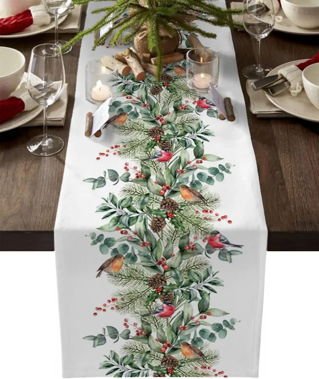 JIT Weihnachts-Tischläufer mit Kiefernblatt-Motiv, Aquarell, bedruckt, für Weihnachten, Dinnerparty, dekorativ, festlich, charmant, hohe Qualität