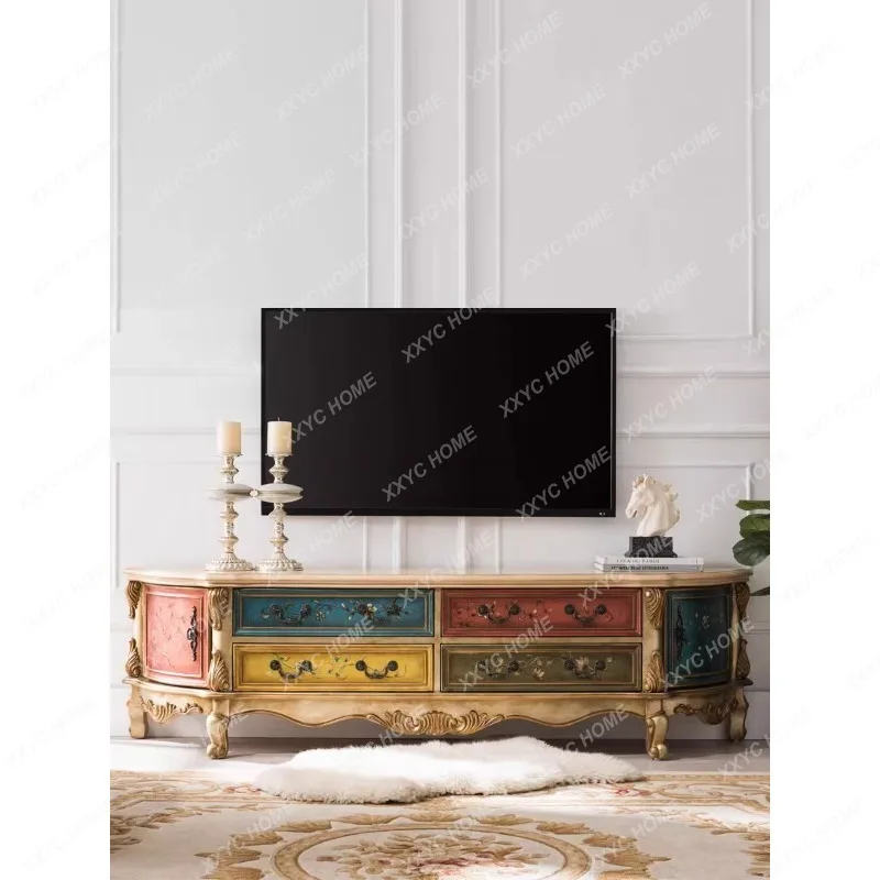 European-Style Painted Floor Cabinet Carved TV Cabinet Living Room Audio-Visual Furniture Combination